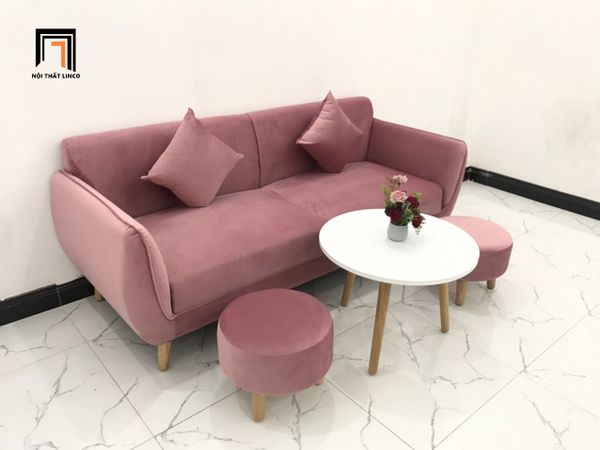 bộ ghế sofa văng vải nhung màu hồng phấn giá rẻ, sofa băng cho shop tiệm xinh xắn