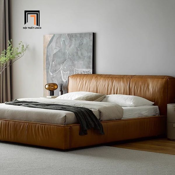 giường ngủ da pu màu nâu, giường ngủ cao cấp 1m6 x 2m, giường ngủ sang trọng, giường