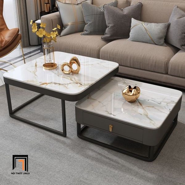 cặp bàn sofa phòng khách mặt đá vuông sang trọng, cặp 2 bàn sofa gia đình khung chân sắt
