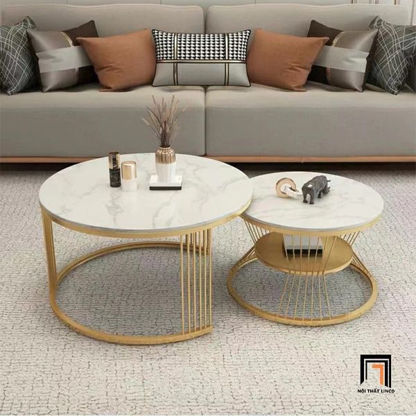 cặp bàn sofa đôi mặt đá trắng khung chân sắt vàng, cặp 2 bàn sofa cho văn phòng