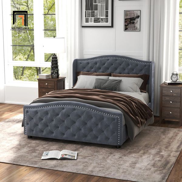 giường, giường ngủ vải nỉ xám, giường ngủ phong cách Âu Mỹ, giường ngủ 1m6 x 2m, giường giật nút