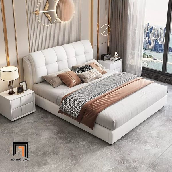 giường ngủ da giả màu xám trắng, giường ngủ bọc đệm 1m6 x 2m, giường ngủ cho căn hộ cao cấp, giường