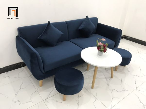 bộ ghế sofa băng phòng khách màu xanh đậm vải nhung, bộ ghế sofa nhỏ gọn 1m9 giá rẻ