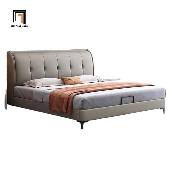 giường, giường ngủ, giường ngủ da công nghiệp màu xám, giường bọc da phòng ngủ sang trọng