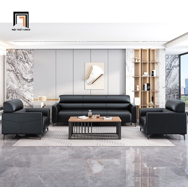 bộ ghế sofa da giả màu đen mờ, set ghế sofa văn phòng làm việc cao cấp