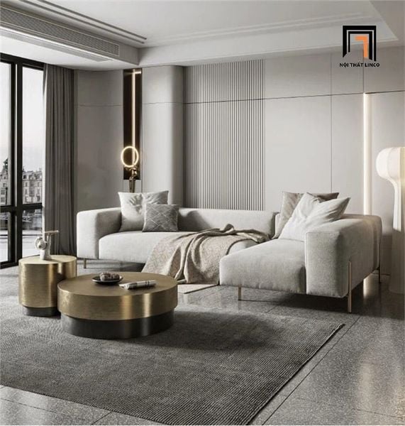bộ ghế sofa góc L vải nỉ màu xám, set ghế sofa góc phòng khách chân inox 2m4 x 1m6