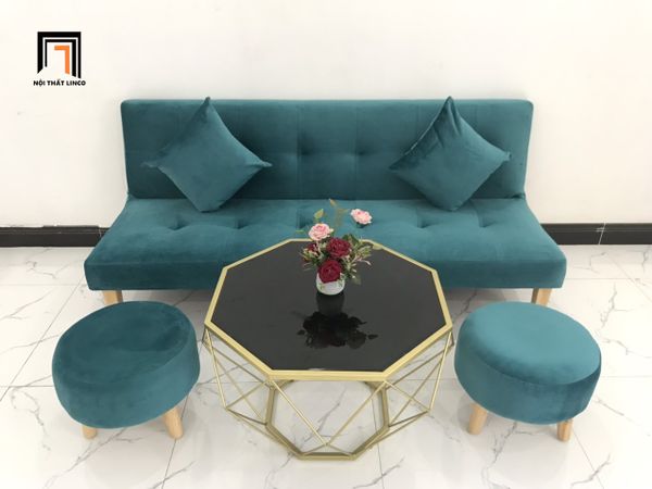 bộ ghế sofa giường xanh lá vải nhung, bộ ghế sofa bed thông minh nhỏ gọn xinh xắn