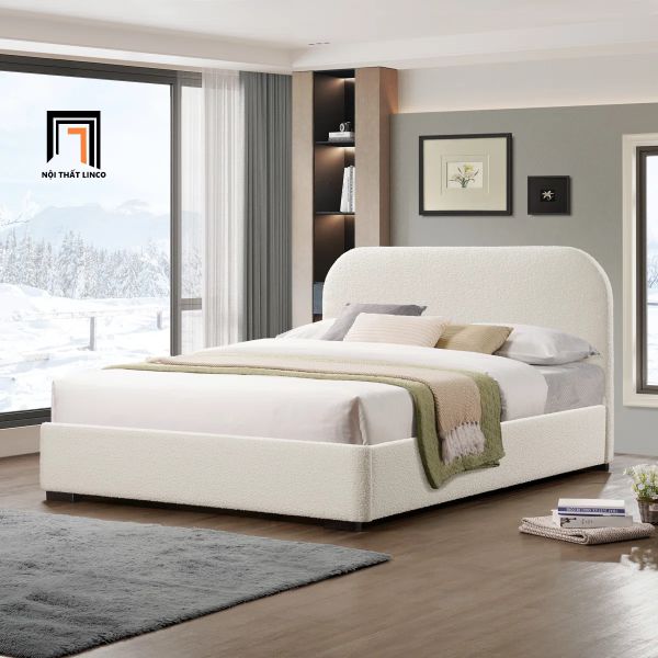 giường ngủ, giường, giường ngủ vải lông cừu, giường ngủ màu trắng kem, giường ngủ giá rẻ 1m6 x 2m