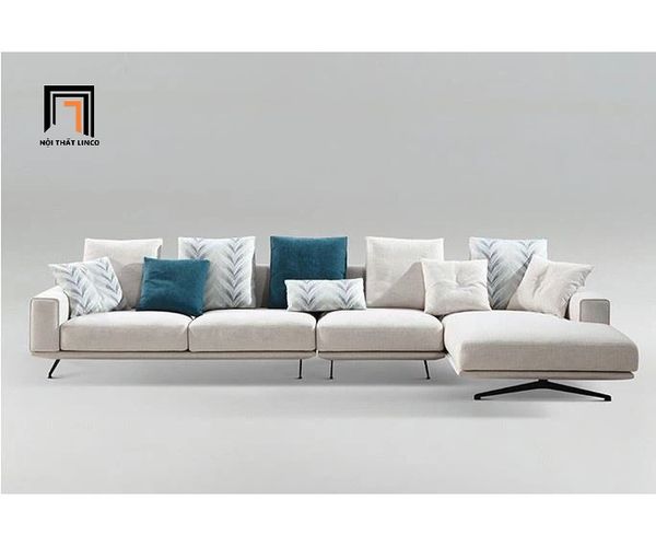bộ ghế sofa góc L phòng khách lớn 3m x 1m6, sofa góc L xám trắng vải nỉ hiện đại