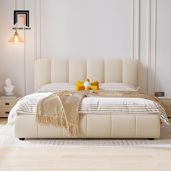 giường, giường ngủ, giường ngủ bọc da màu be xinh xắn, giường ngủ kiểu dáng sang trọng, giường 1m6 x 2m