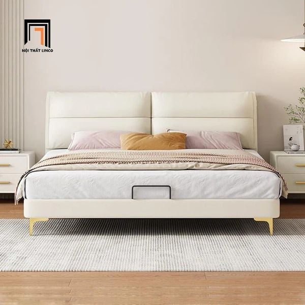 giường ngủ, giường, giường ngủ bọc nỉ màu kem, giường ngủ cao cấp, giường ngủ gia đình xinh xắn