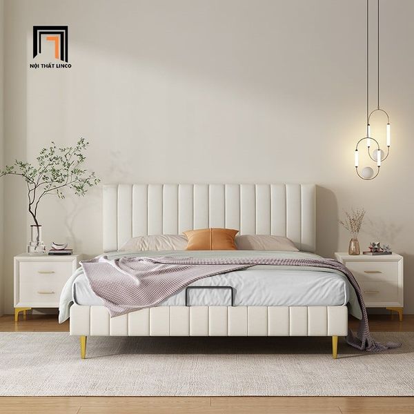 giường ngủ, giường bọc da giả xám trắng, giường ngủ 1m6 x 2m, giường ngủ kiểu dáng sang trọng