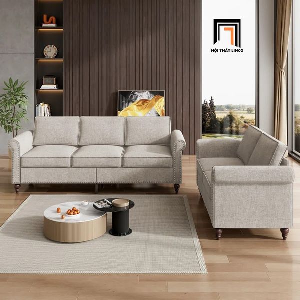 bộ ghế sofa phòng khách gia đình, set ghế sofa phong cách Âu Mỹ đính nút đồng
