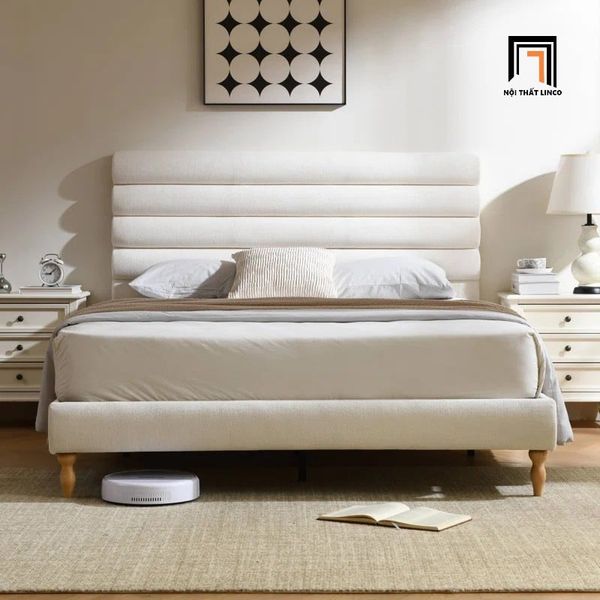 giường, giường ngủ vải nỉ màu be, giường ngủ 1m6 x 2m, giường ngủ xinh xắn, giường ngủ bọc nệm