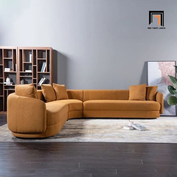 bộ ghế sofa góc cong vải nhung màu cam 2m4 x 2m4, sofa góc phòng khách sang trọng