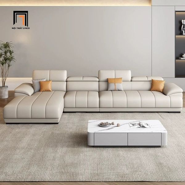 bộ ghế sofa góc L da giả xám trắng, sofa góc 3m x 1m6 phòng khách cao cấp