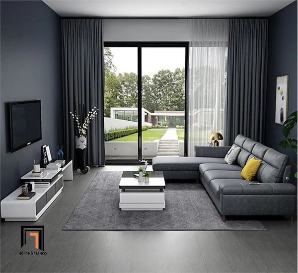sofa góc L da xám đậm, bộ ghế sofa góc L phòng khách 3m x 1m6
