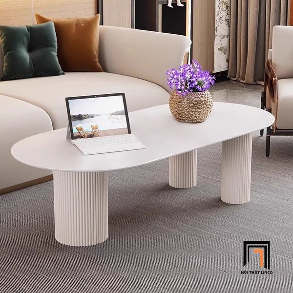 bàn sofa hình oval đá ceramic trắng xinh xắn, bàn sofa màu trắng 1m1 x 50 cho shop tiệm