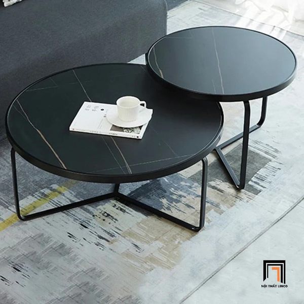 cặp bàn trà mặt đá đen trắng xinh xắn, cặp 2 bàn sofa phòng khách khung chân sắt