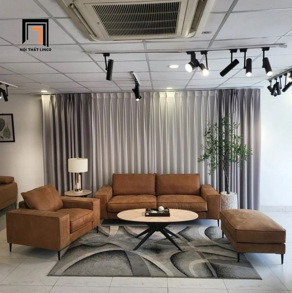 bộ ghế sofa phòng khách gia đình sang trọng, set ghế sofa bọc da giả nâu