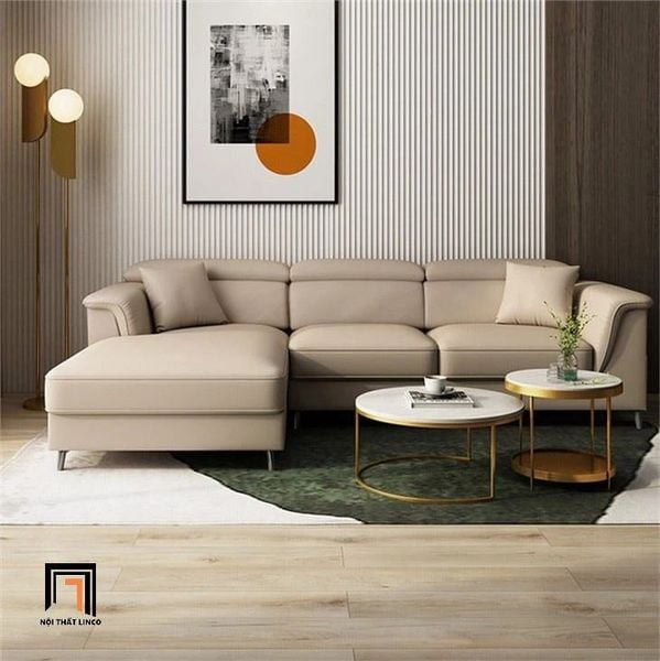bộ ghế sofa góc L bọc da cao cấp, sofa góc phòng khách 2m4 x 1m6 da công nghiệp màu nâu