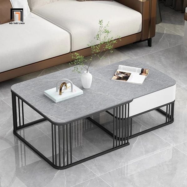 cặp bàn trà mặt đá xám vuông, cặp 2 bàn sofa phòng khách hiện đại
