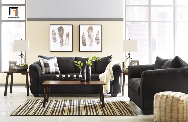 sofa phòng khách Âu Mỹ, bộ ghế sofa gia đình vải nhung nỉ màu đen, sofa gia đình sang trọng