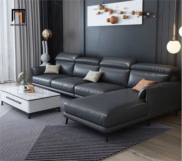 bộ ghế sofa góc L cho phòng khách, sofa chữ L da giả xám đậm 3m x 1m6