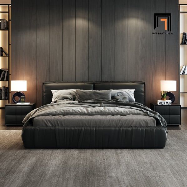 giường ngủ bọc da pu bóng đen, giường ngủ 1m6 x 2m sang trọng, giường ngủ cao cấp