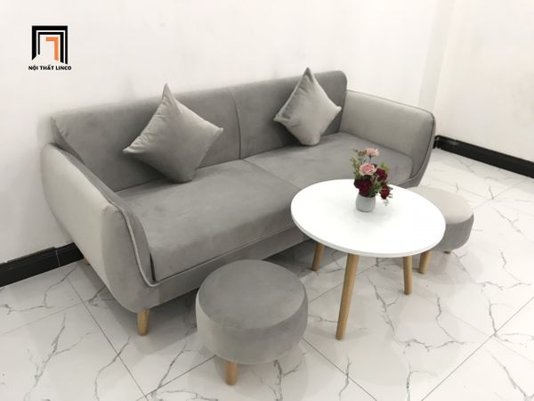 bộ ghế sofa băng phòng khách giá rẻ, ghế sofa văng màu xám trắng vải nhung dài 1m9