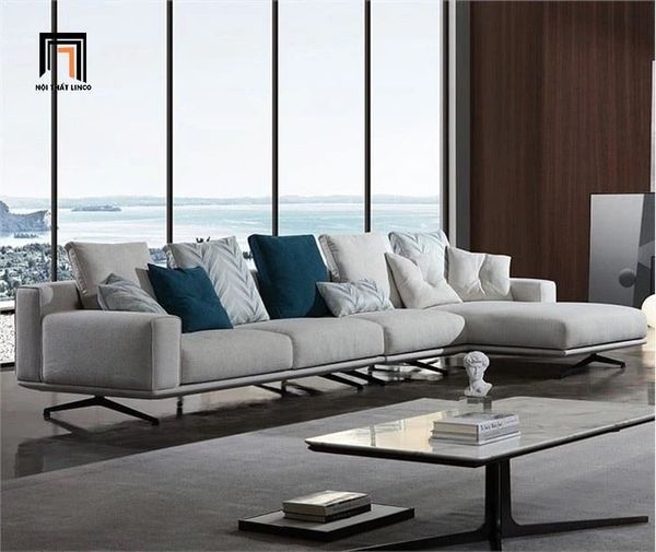 bộ ghế sofa góc L phòng khách lớn 3m x 1m6, sofa góc L xám trắng vải nỉ hiện đại