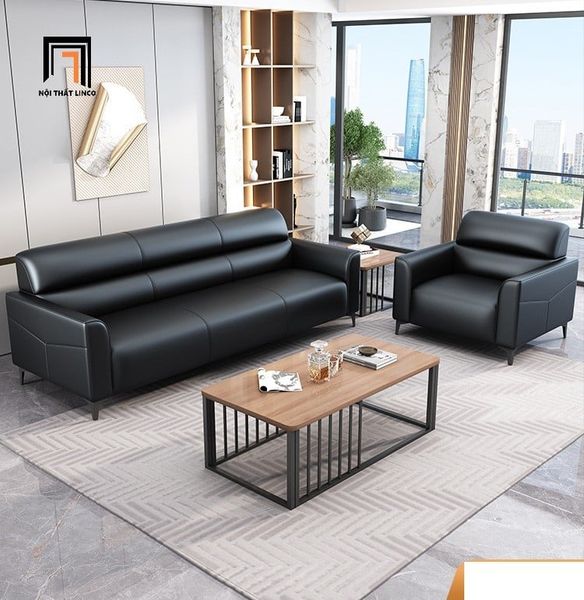bộ ghế sofa da giả màu đen mờ, set ghế sofa văn phòng làm việc cao cấp