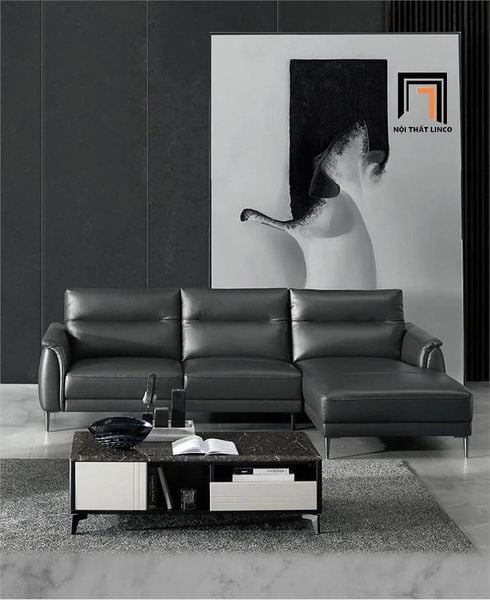 bộ ghế sofa góc da bóng đen, sofa góc L 3m x 1m6 phòng khách sang trọng