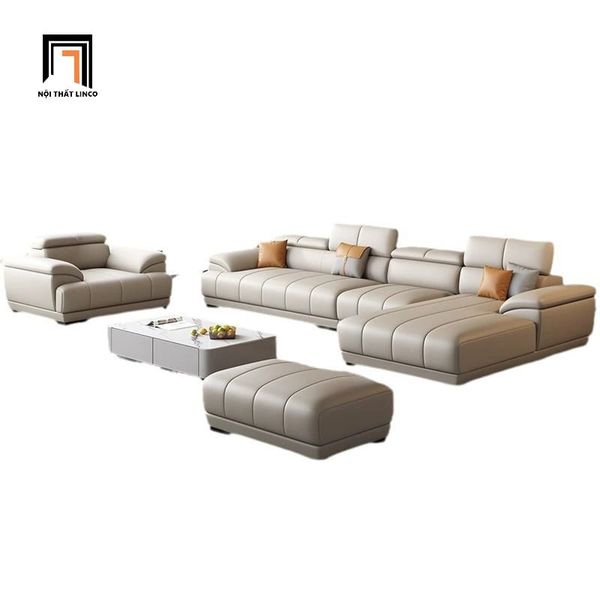 bộ ghế sofa góc L da giả xám trắng, sofa góc 3m x 1m6 phòng khách cao cấp