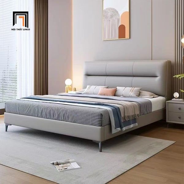 giường, giường ngủ, giường ngủ bọc da, giường ngủ da công nghiệp xám ghi, giường ngủ 1m6 x 2m