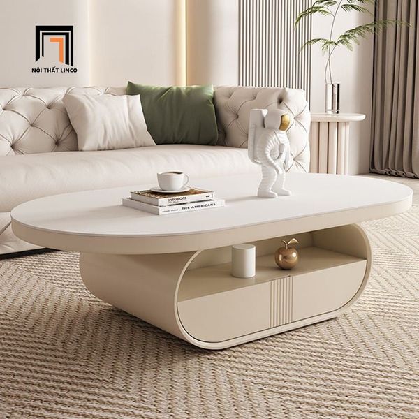 bàn sofa phòng khách oval mặt đá trắng, bàn sofa 1m1 x 60 kiểu cong đẹp
