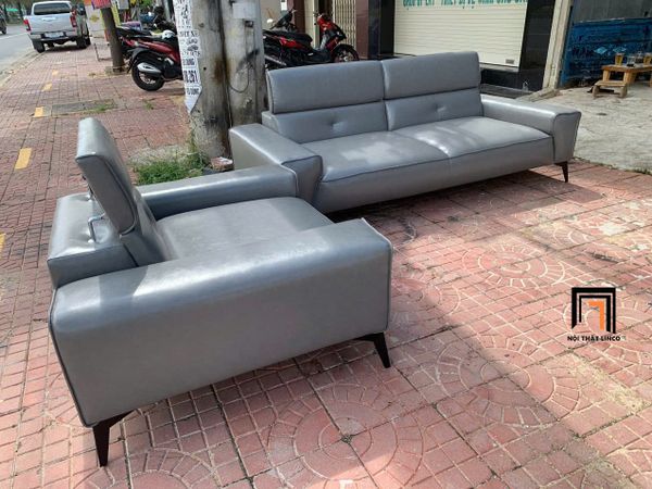 bộ ghế sofa phòng khách hiện đại, combo 2 ghế sofa gật gù bọc da giả xám