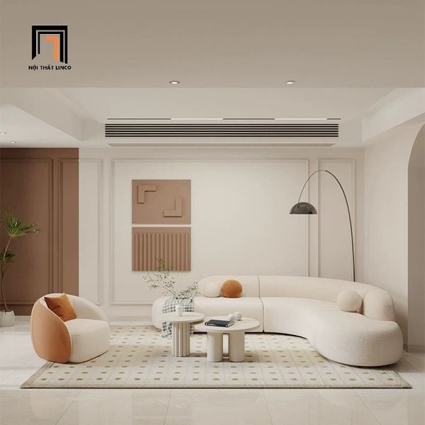 bộ ghế sofa góc L cong 2m5 x 2m1, sofa góc xinh xắn vải lông cừu màu trắng