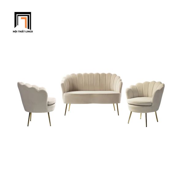 bộ ghế sofa phòng khách xinh xắn, set ghế sofa màu trắng kem vải nhung mềm