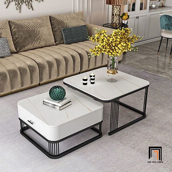 cặp bàn trà mặt đá xám vuông, cặp 2 bàn sofa phòng khách hiện đại