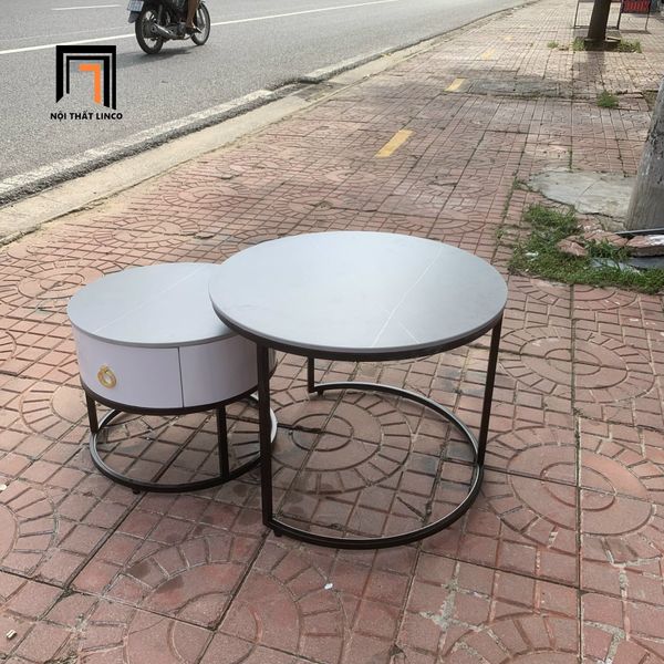 cặp bàn trà phòng khách xinh xắn, cặp bàn sofa mặt đá xám cho gia đình