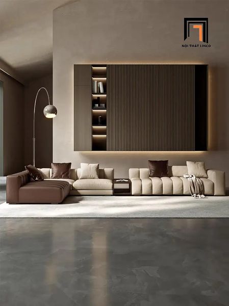 bộ ghế sofa góc L phối màu da giả, set ghế sofa góc phòng khách trẻ trung hiện đại 3m4 x 2m2