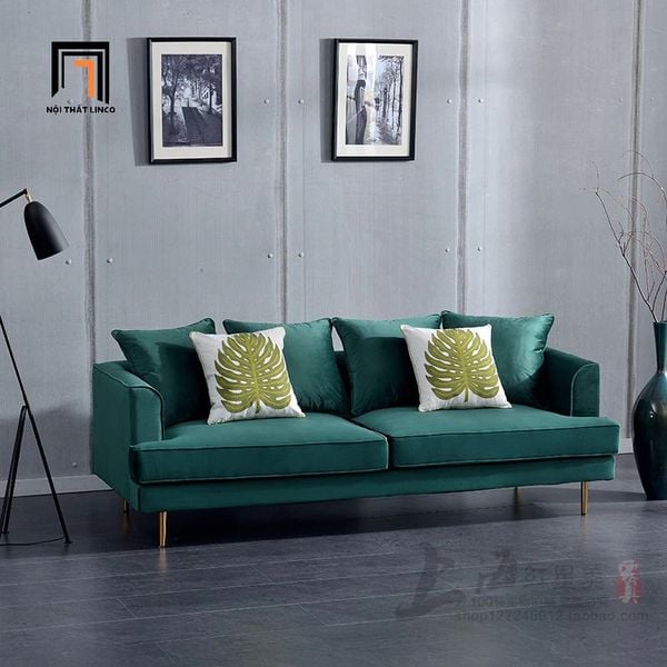 ghế sofa văng dài 1m9, sofa băng vải nhung xanh lá, sofa băng nhỏ cho tiệm shop, ghế sofa văng chân inox