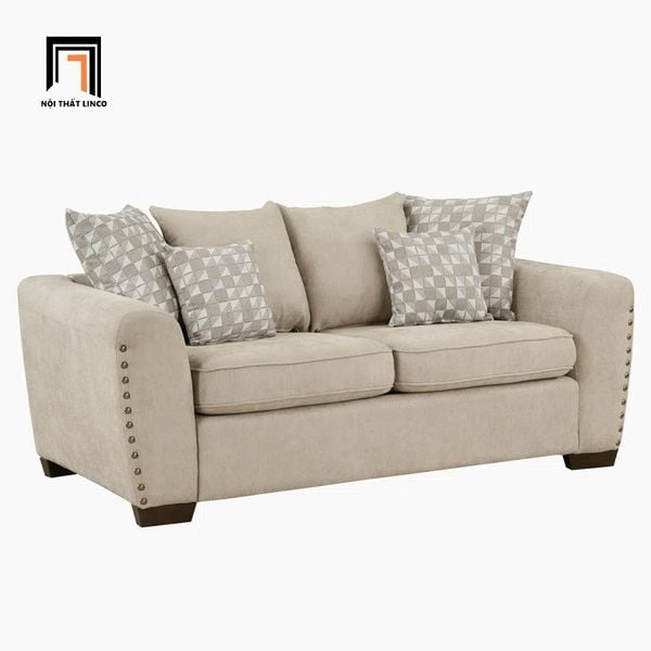 bộ ghế sofa đính nút đồng nổi, set ghế sofa phòng khách vải bố màu ghi