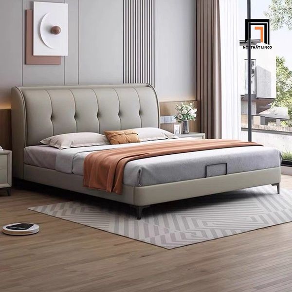 giường, giường ngủ, giường ngủ da công nghiệp màu xám, giường bọc da phòng ngủ sang trọng