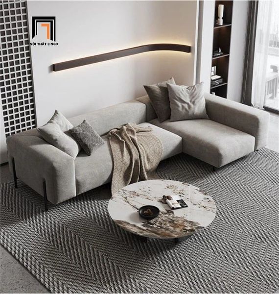 bộ ghế sofa góc L vải nỉ màu xám, set ghế sofa góc phòng khách chân inox 2m4 x 1m6
