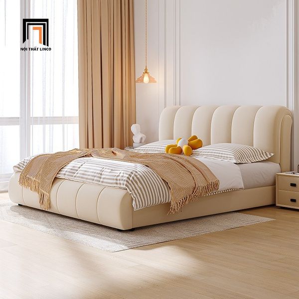 giường, giường ngủ, giường ngủ bọc da màu be xinh xắn, giường ngủ kiểu dáng sang trọng, giường 1m6 x 2m