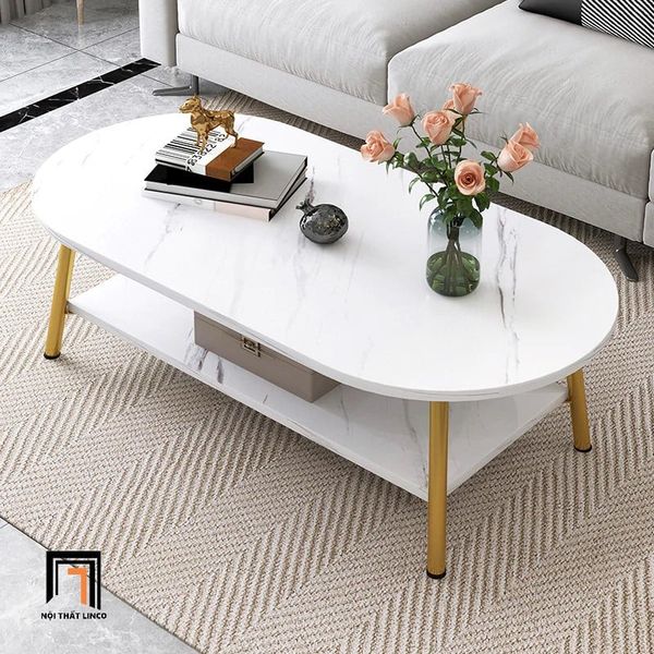 bàn sofa phòng khách mặt đá trắng 2 tầng, bàn sofa 1m xinh xắn cho nhà nhỏ