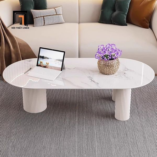 bàn sofa hình oval đá ceramic trắng xinh xắn, bàn sofa màu trắng 1m1 x 50 cho shop tiệm