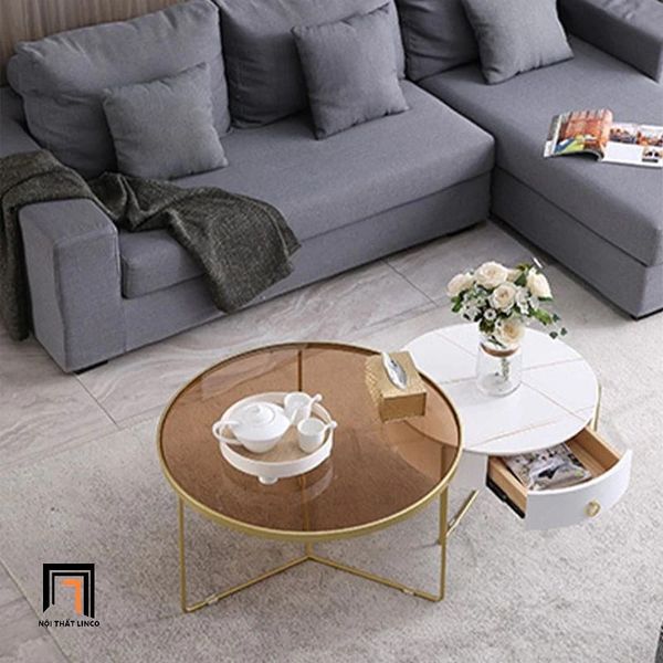 cặp bàn sofa phòng khách chung cư đẹp, cặp 2 bàn tròn hộc kéo xinh xắn